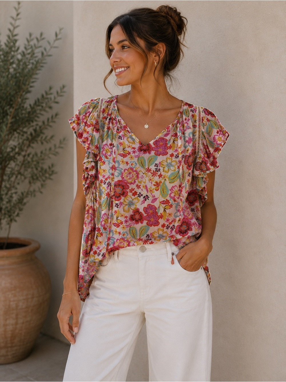 Lucky Brand Floral V-Neck Ruffle Sleeve Top in Multi Pink and Green